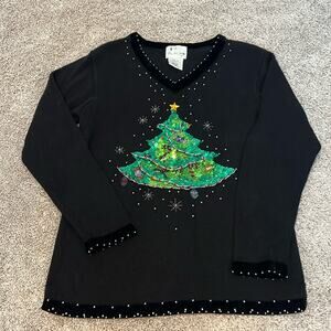 The Quacker Factory Sweater Woman’s M Med Christmas Sequined Velour V-neck Cozy